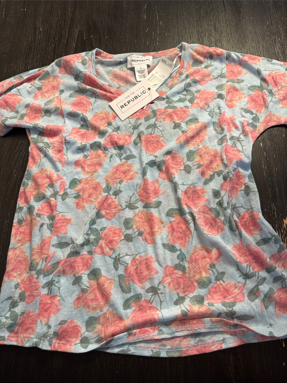 For The Republic Floral Tee - Pink Roses on Light Blue